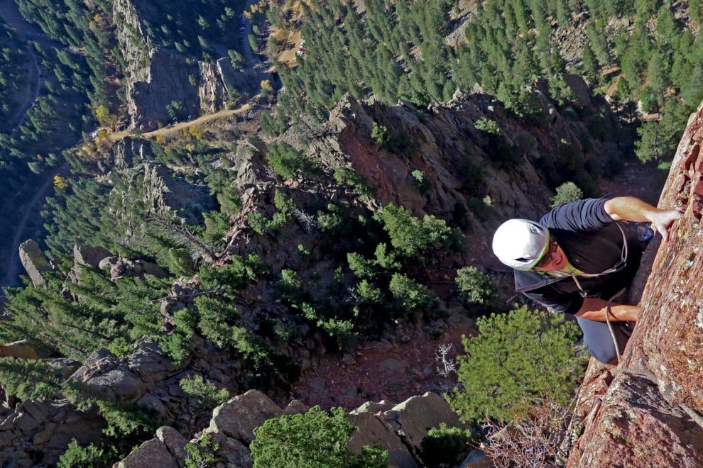 Rock climber in Eldorado Canyon, Colorado