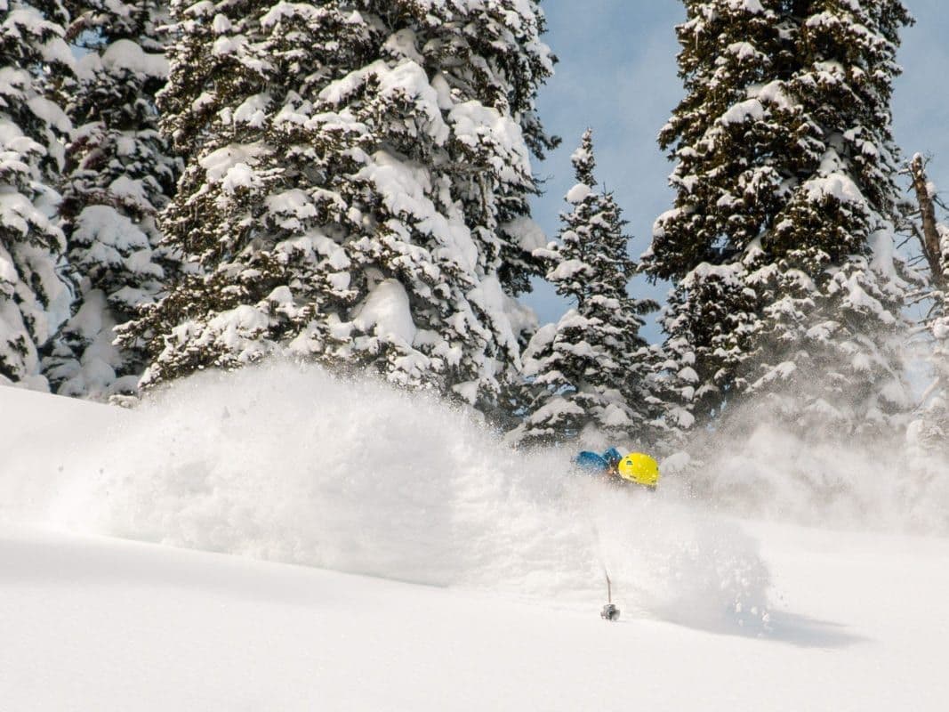Woman skiing in deep powder in Teton National Park