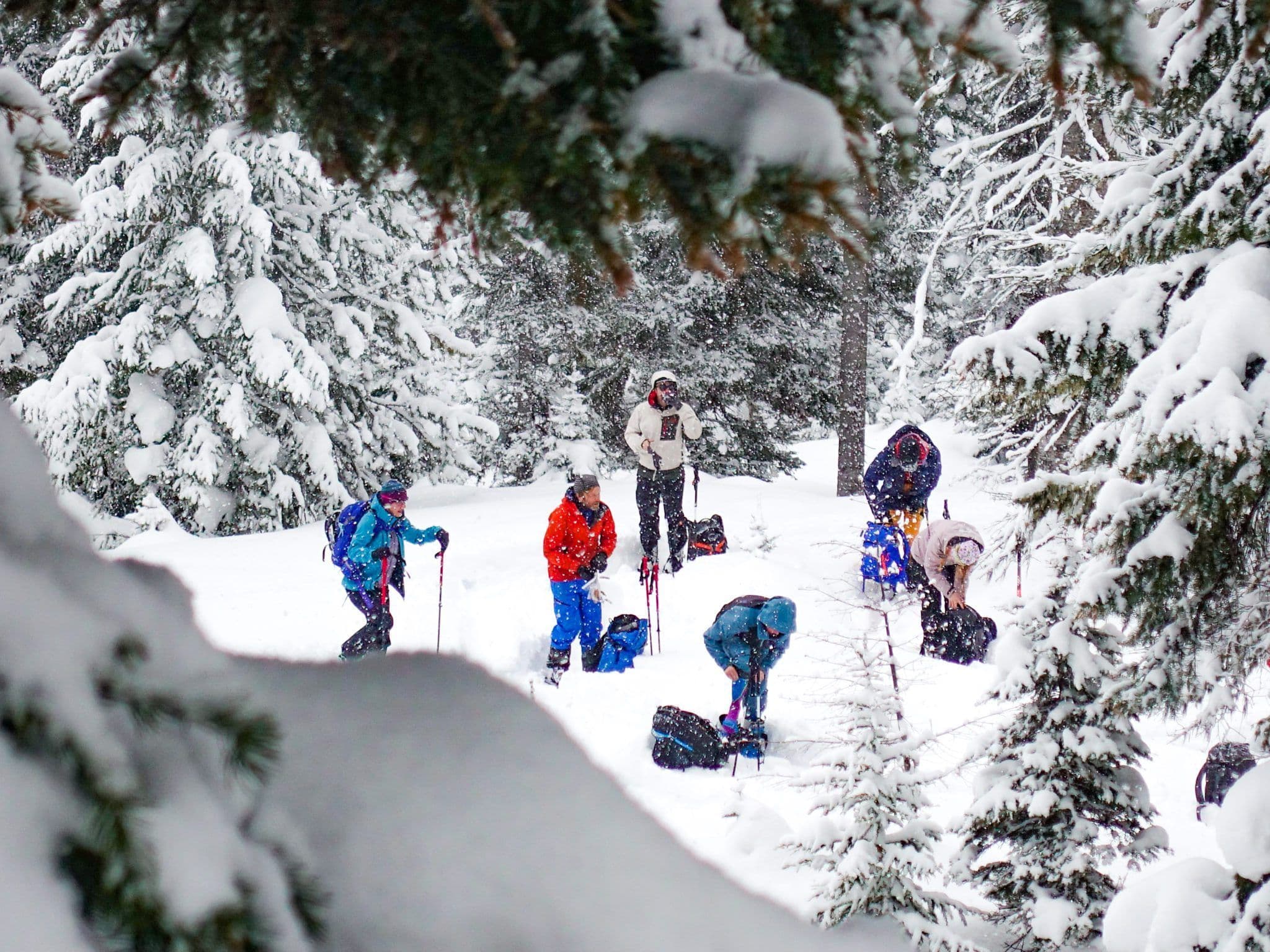 A group of skiers taking a break