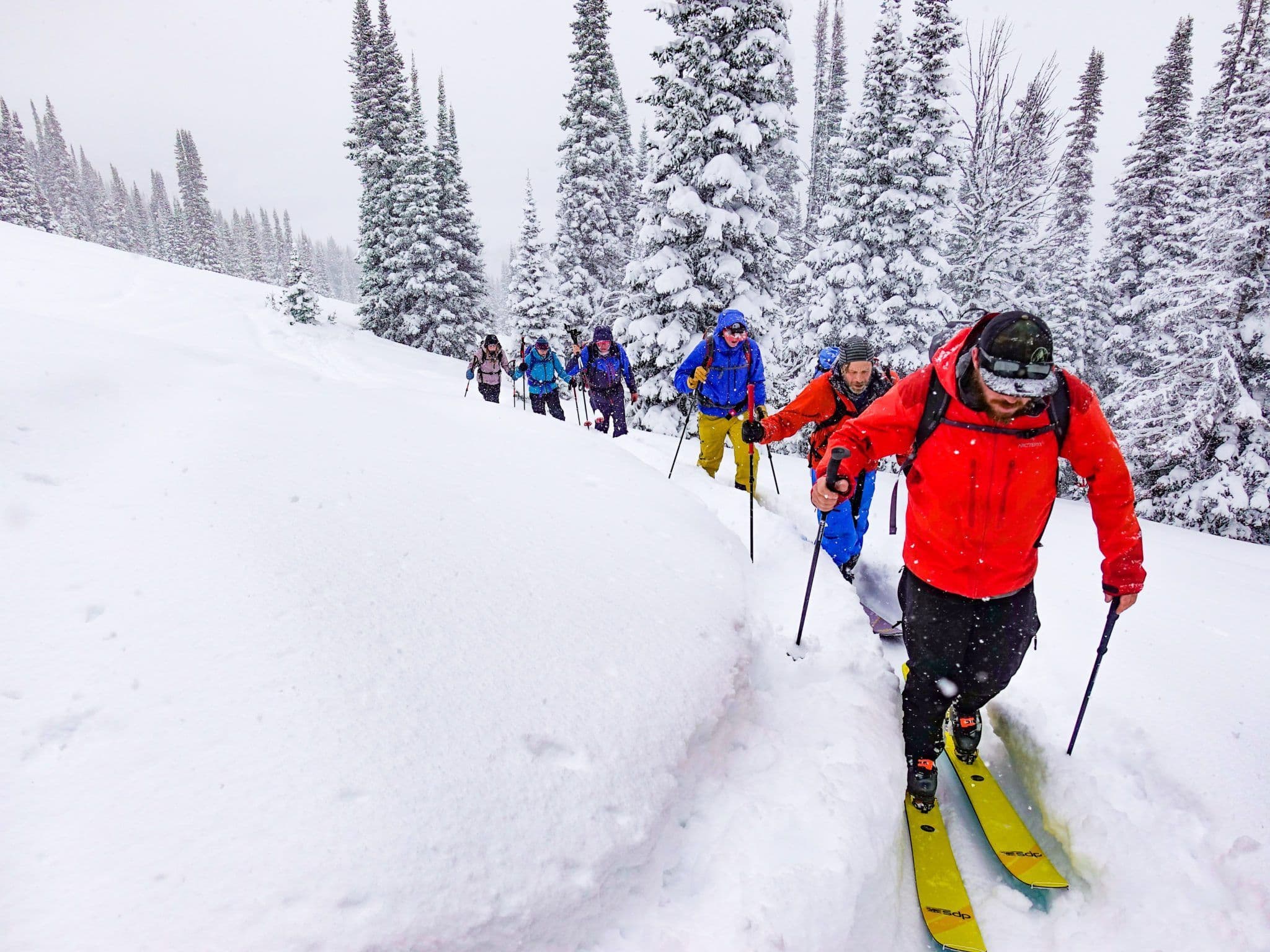 Team backcountry skiing in deep snow 