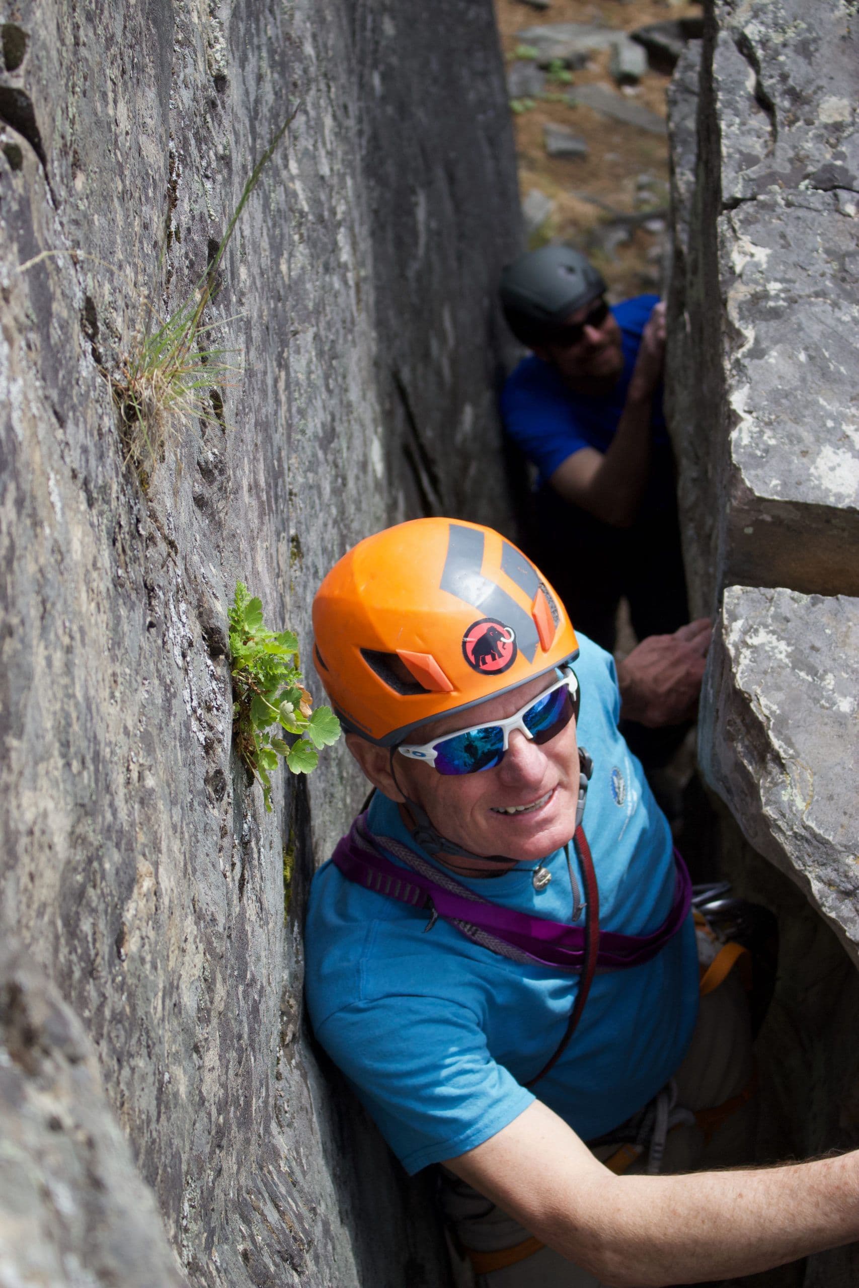 Rock climbers in a narrow space