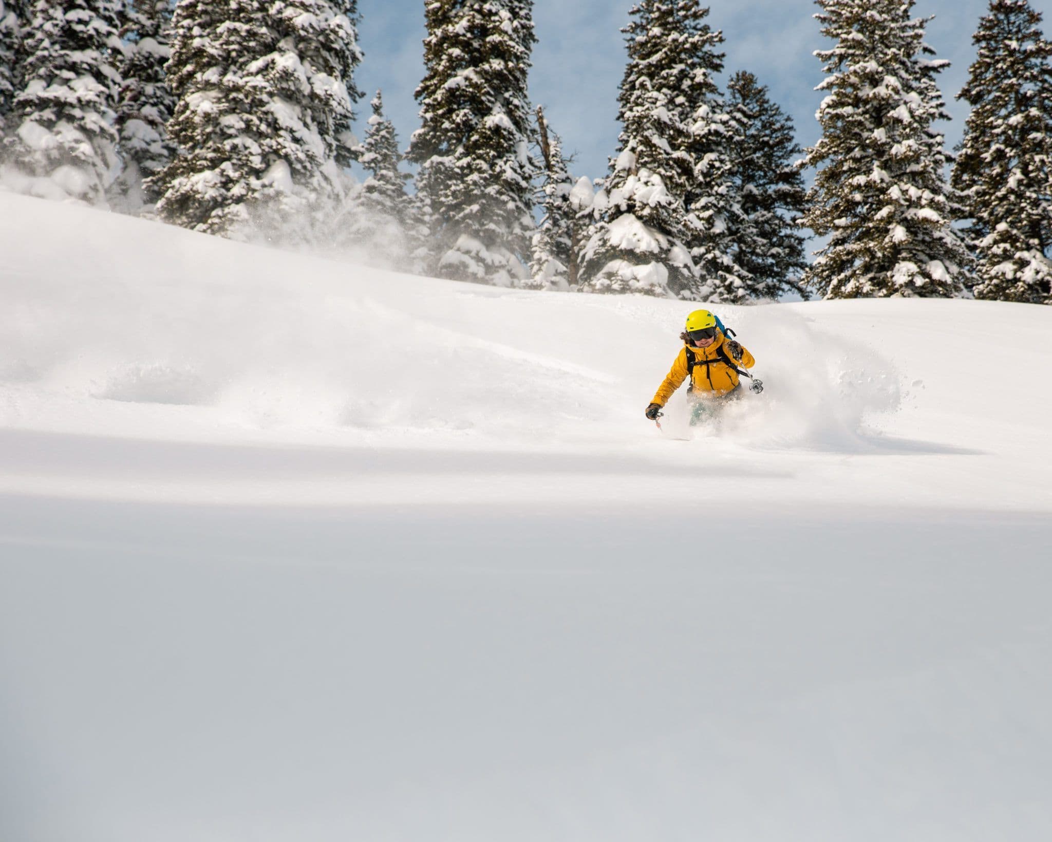 Person skiing down deep powder 