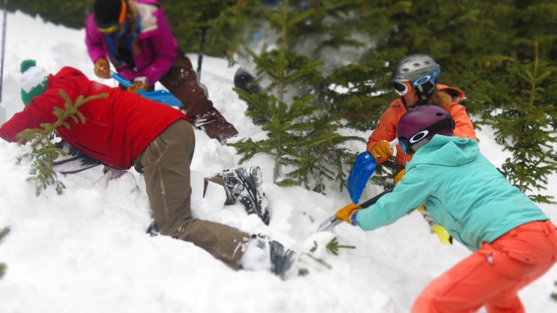 Team members shoveling snow in avalanche course 