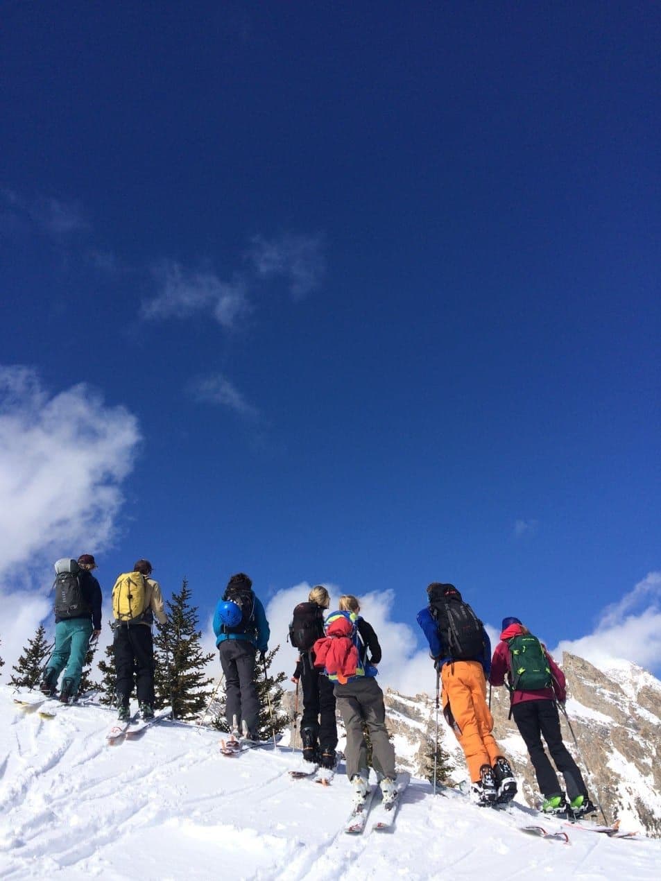 Group of skiers observing the mountain 