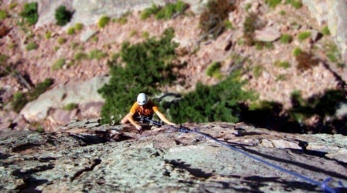 Person rock climbing at Eldorado canyon 
