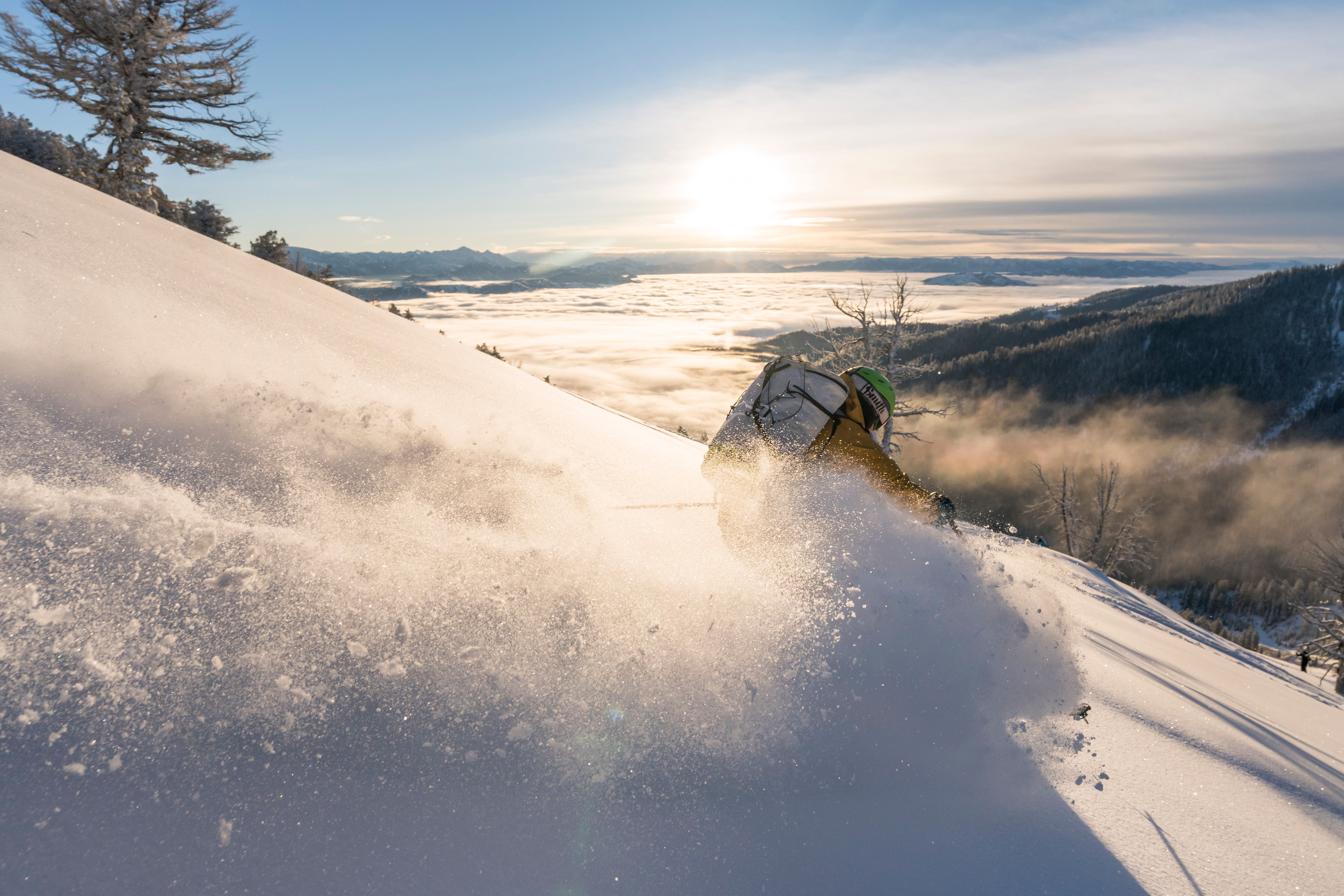 Close up of person skiing powder
