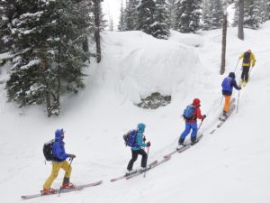 skinning uphill during a intro to splitboard course