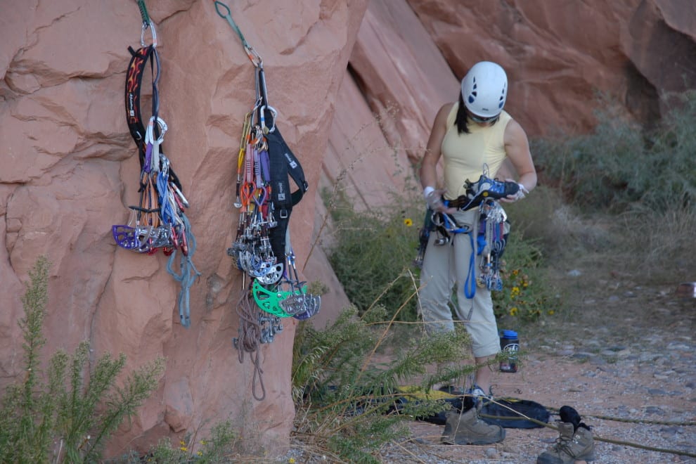 preparing for a day at one of moab's classic climbs