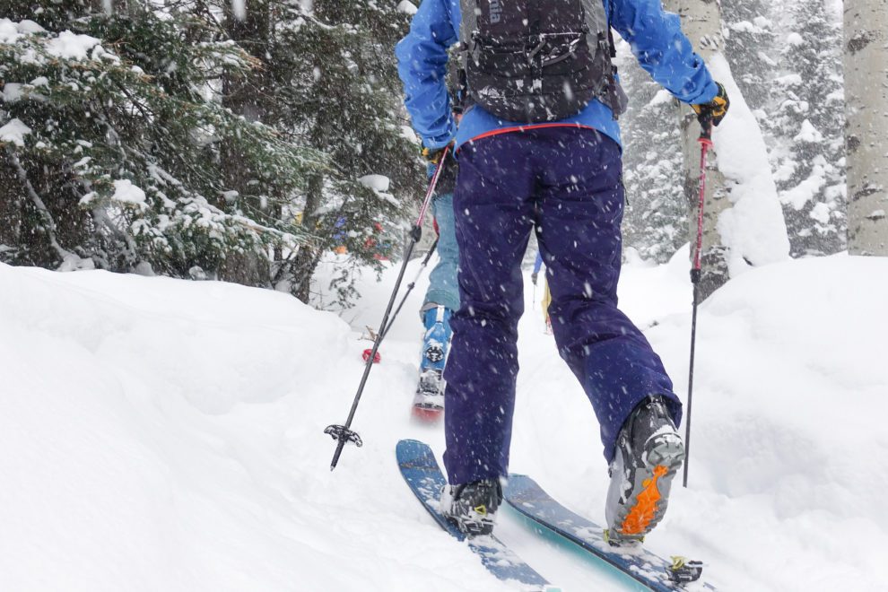 ski touring during snowstorm