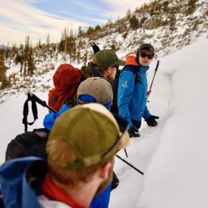 Avalanche instructor teaches three students in Rocky Mountain National Park.