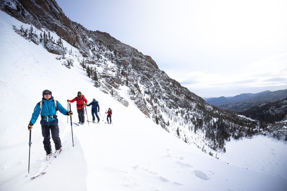 Four backcountry skiers skinning in Rocky Mountain National Park.