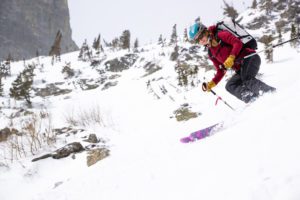 Female Spring skiing in Rocky Mountain National Park.