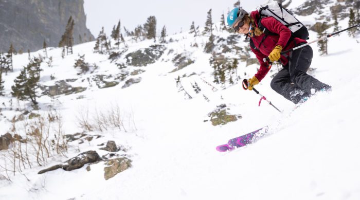 Female Spring skiing in Rocky Mountain National Park.