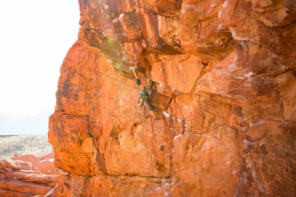 Two chalked up climbing routes at Red Rocks in Las Vegas.