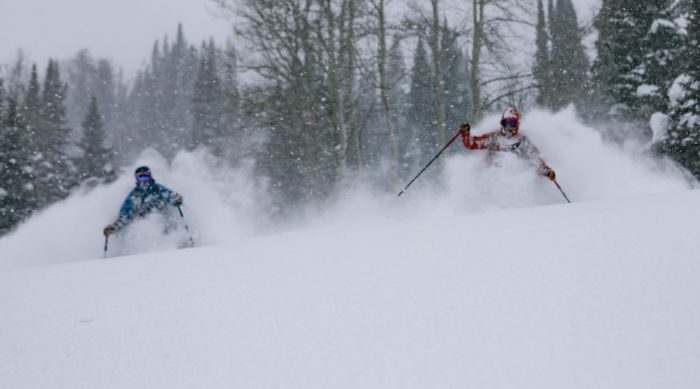 Two skiers in powder on a stormy day.
