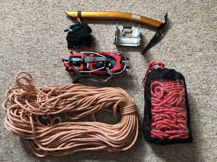 A 60M RAD Line and 40M Beal Rando rope, Dynafit ski crampons, Camp Alp CR ski mountaineering harness, Camp Nanotec XLC crampons, and Petzl Gully ice axe